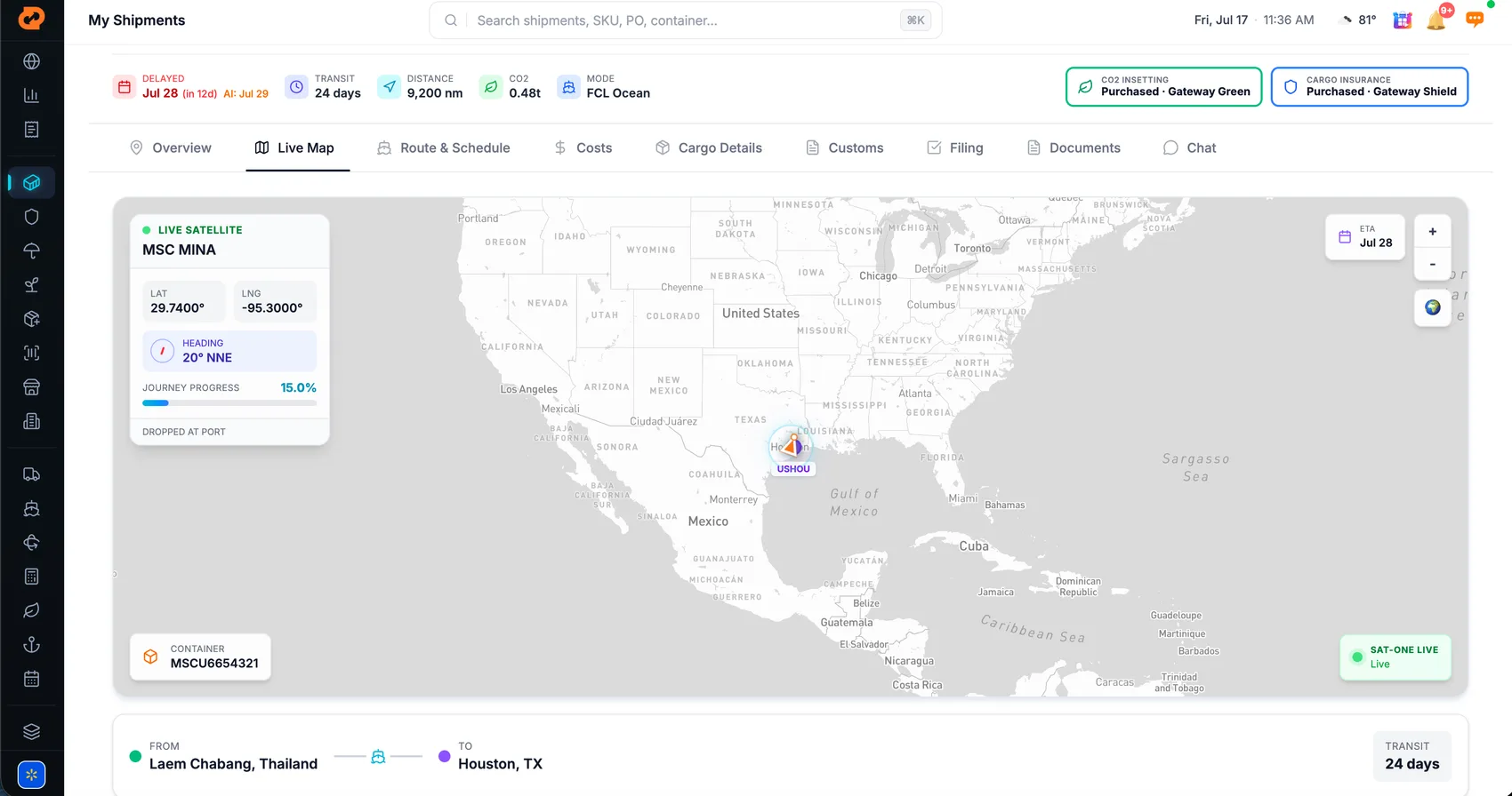 Gateway Terminal shipment tracking map showing the vessel position and route with example shipment data