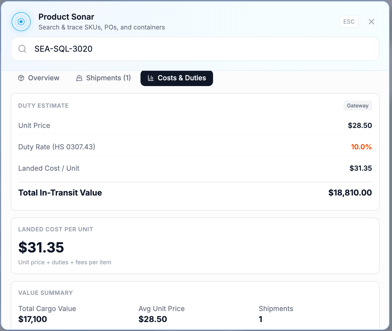 Product Sonar - Costs & Duties