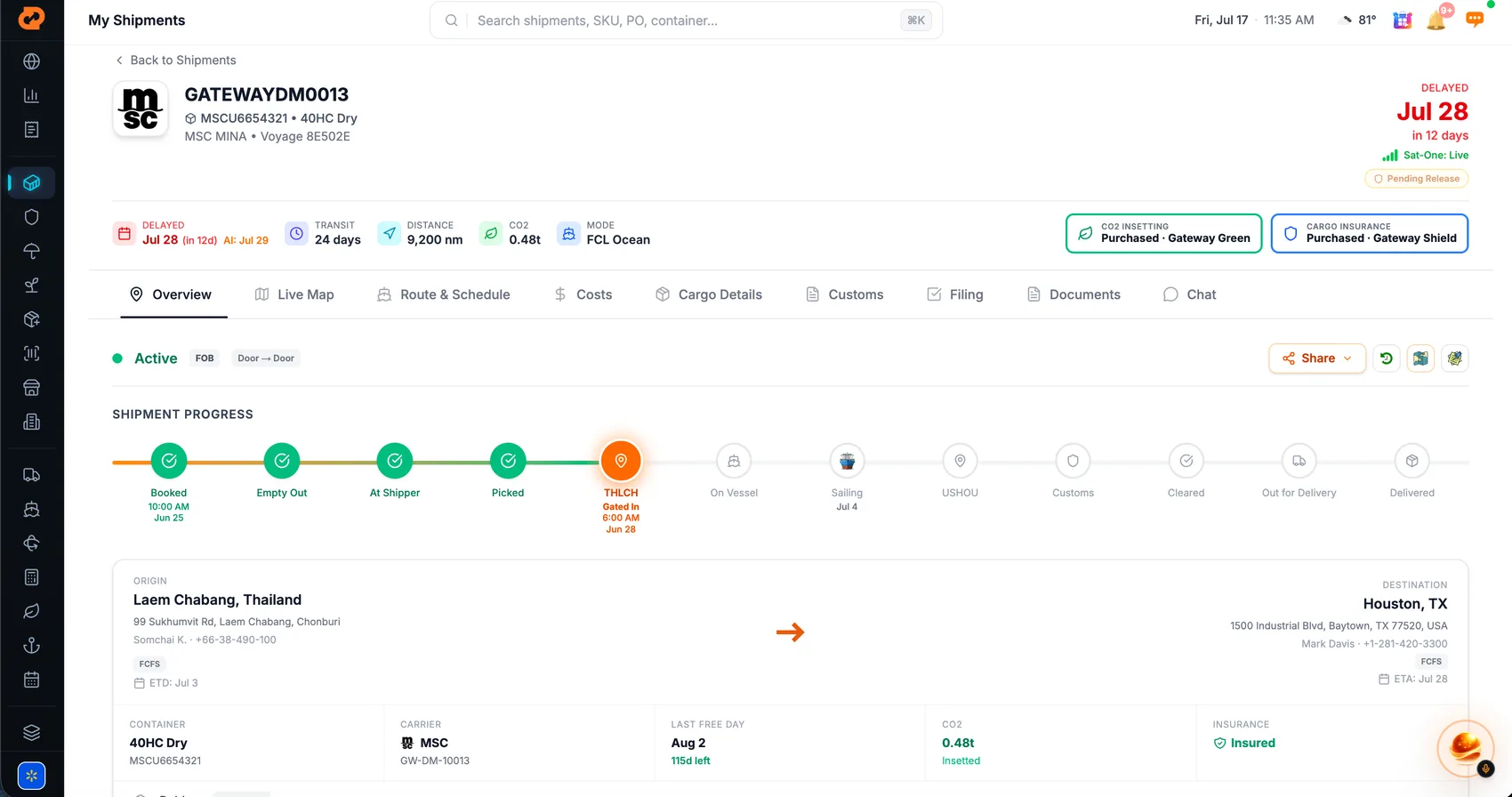 Example shipment record with origin, destination, milestones, customs and cargo insurance